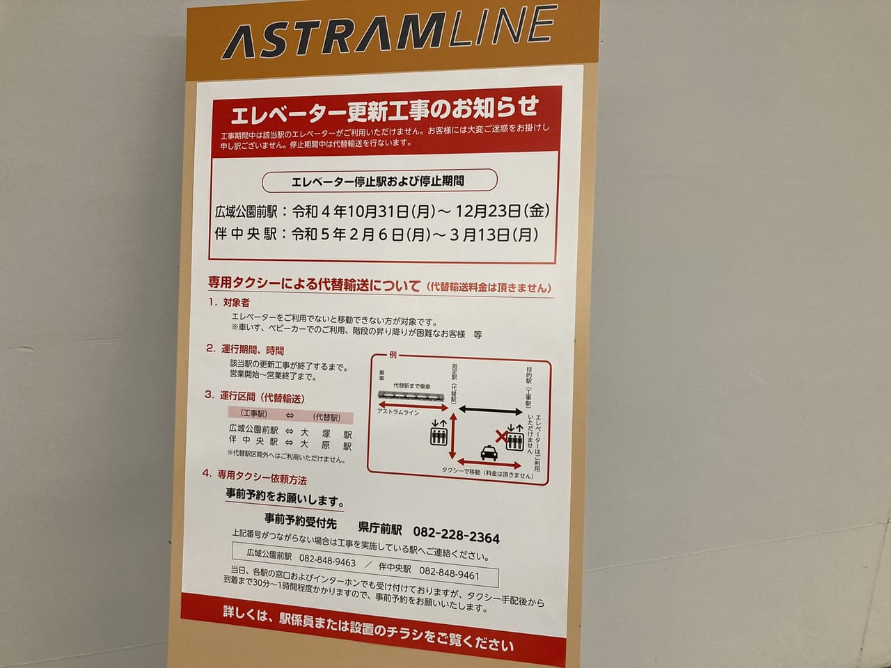 2022年12月アストラムライン広域公園前駅・伴中央駅でエレベーター更新工事。代替輸送も_告知