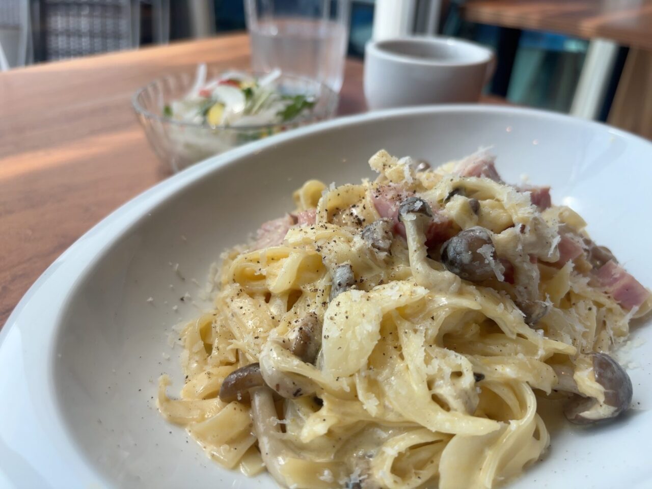 カルボナーラにサラダとスープが付いた「喫茶かもめモカ」のパスタセット
