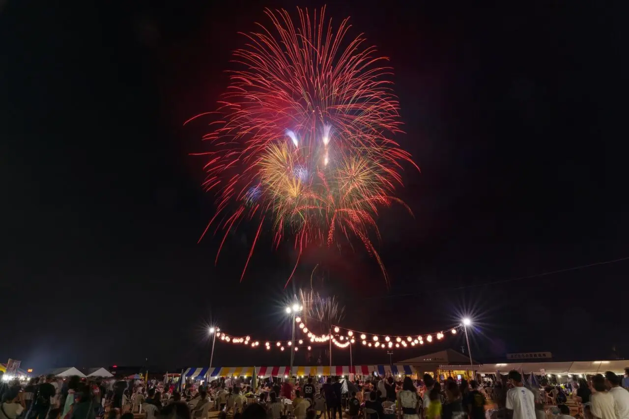 空鞘稲生神社の夏越祭の終盤に打ち上げられる花火。夜空に広がる光が夏の訪れを告げる。