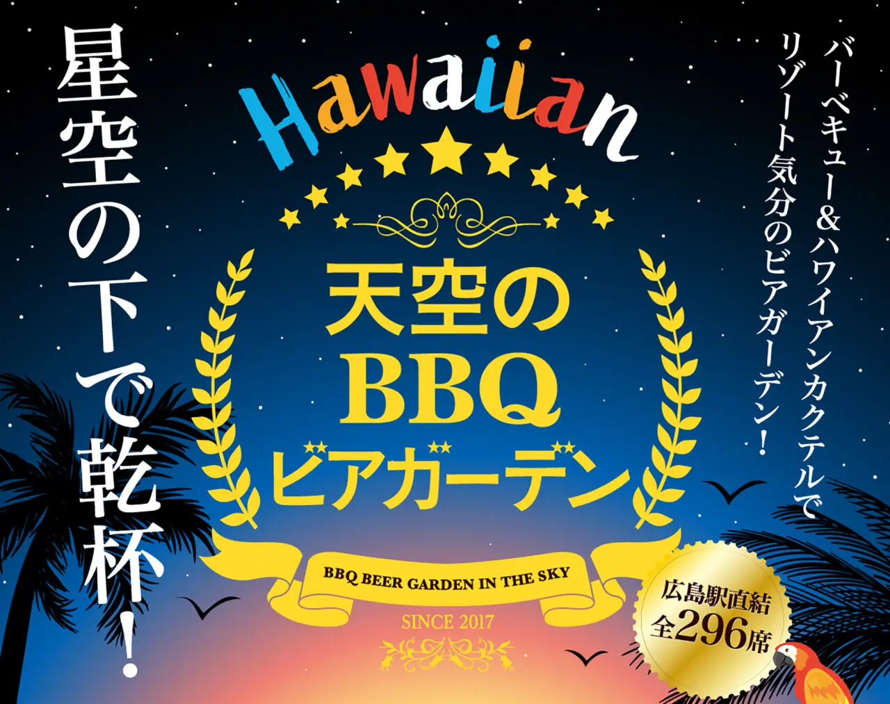 天空のBBQビアガーデンを紹介するポスター風の宣伝ビジュアル