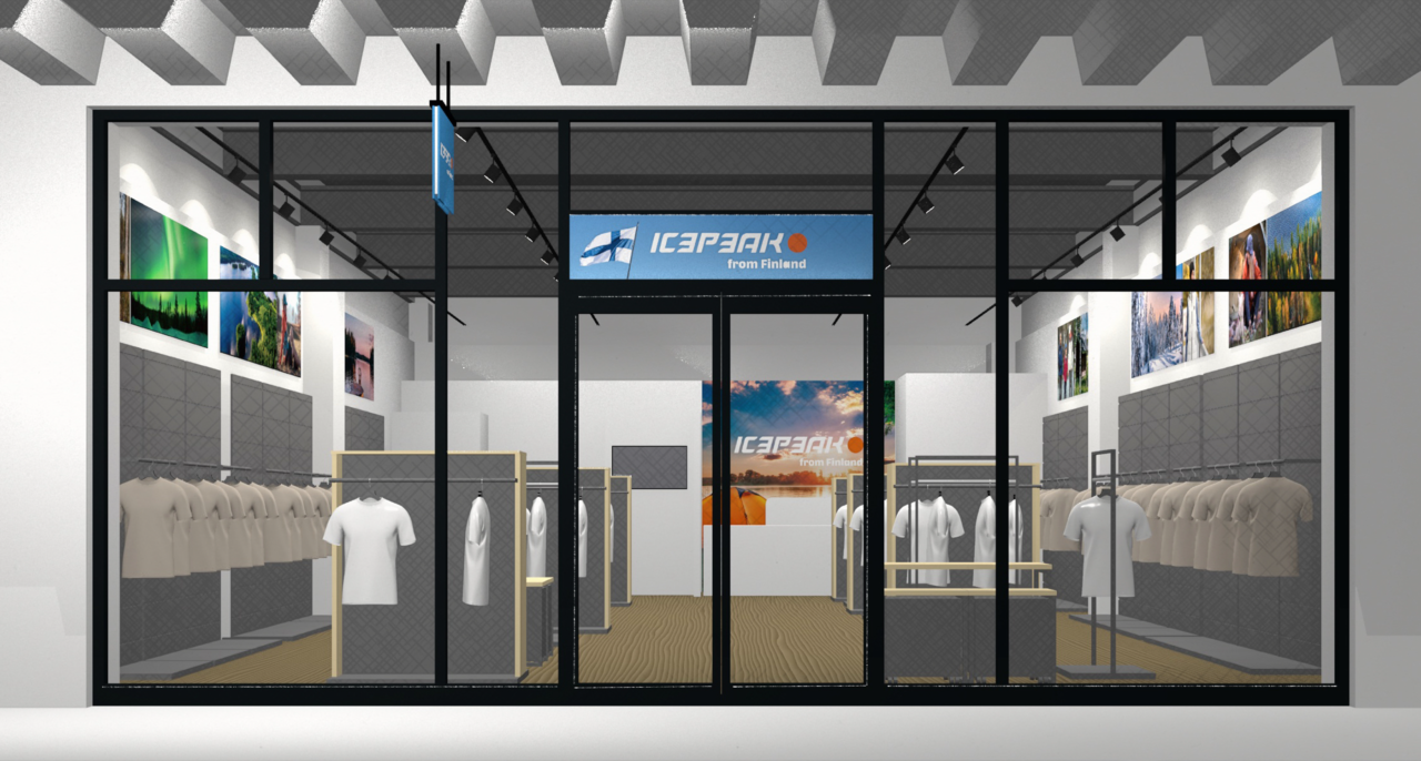 「THE OUTLETS HIROSHIMA内にオープンしたICEPEAKアウトレットストアの外観。シンプルでスタイリッシュなショップデザイン」