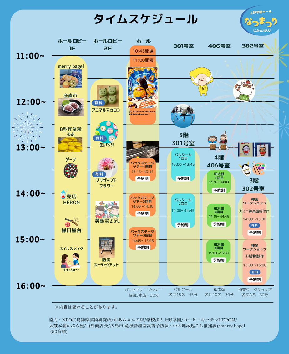2025年なつまつりのタイムスケジュール表。映画上映やワークショップの時間などが記載された案内画像。