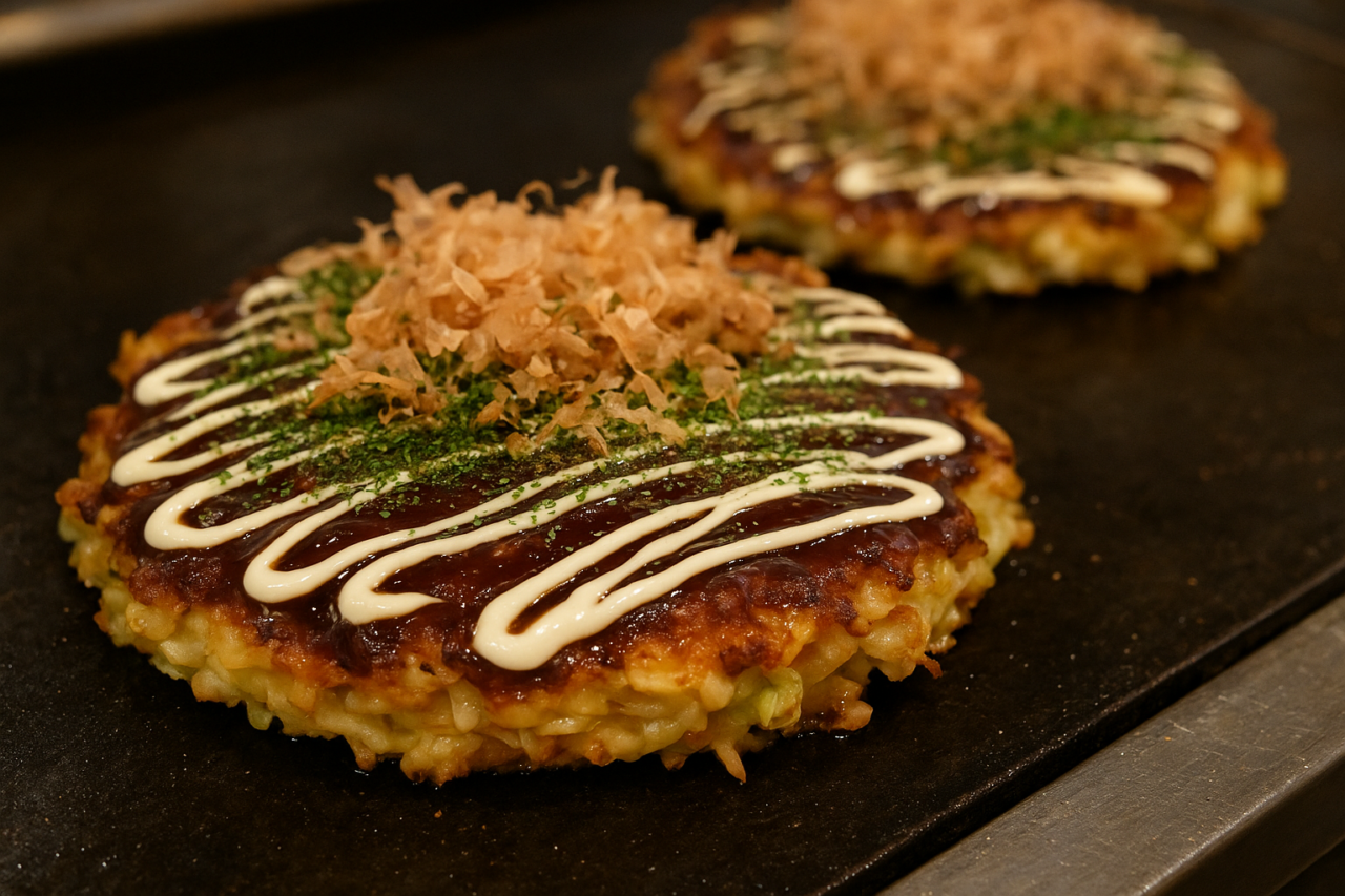 鉄板で焼かれたお好み焼きのイメージ