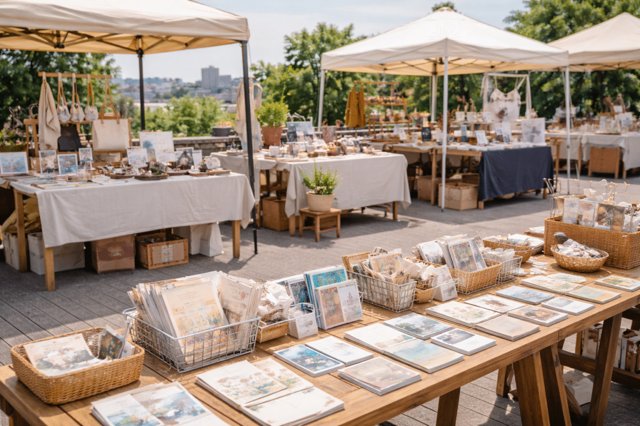 屋上でZINEや雑貨が並ぶマーケットの会場イメージ