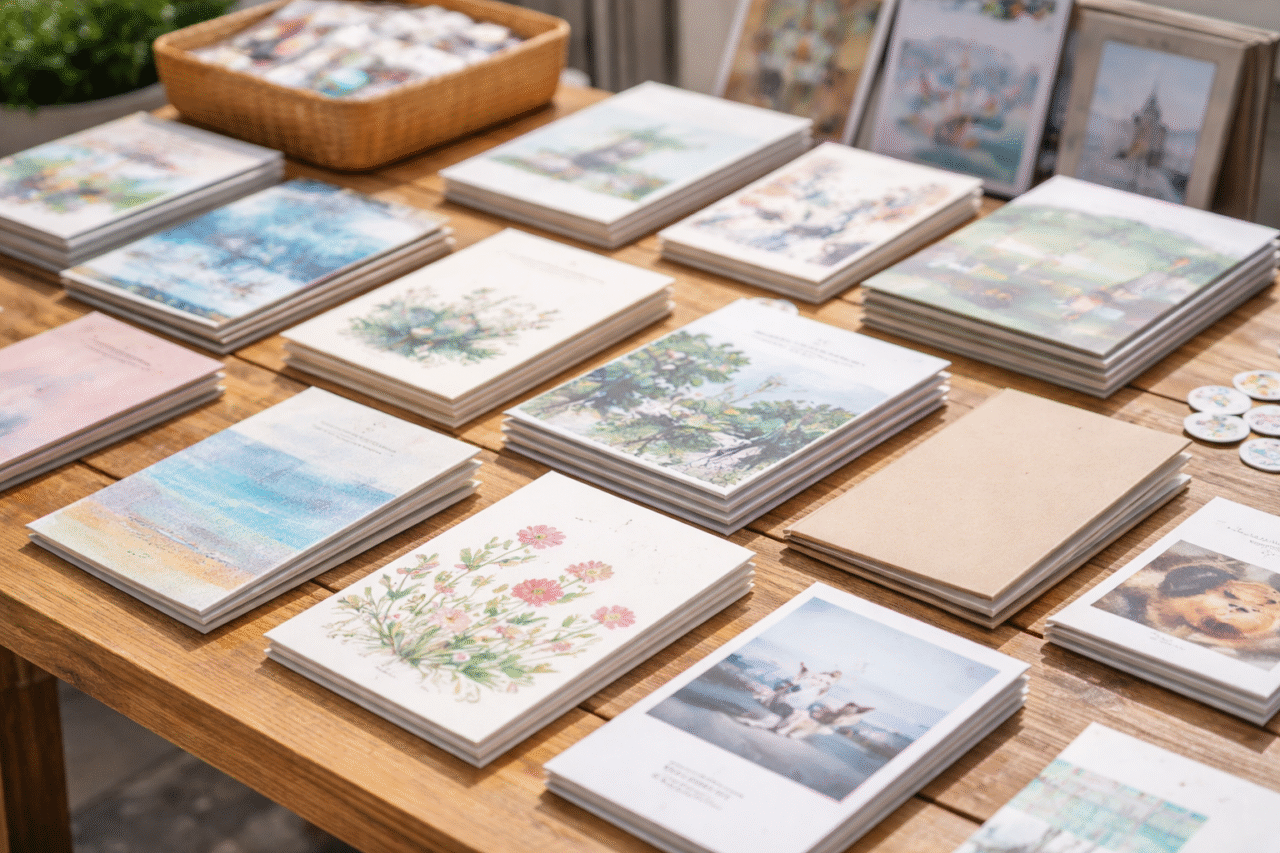 屋外のテーブルにZINEや小冊子が並べられている様子