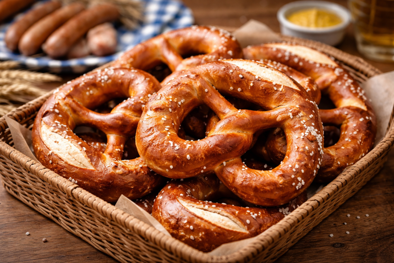 バスケットに並べられたプレッツェル。表面は香ばしく中はもっちりとした食感が特徴