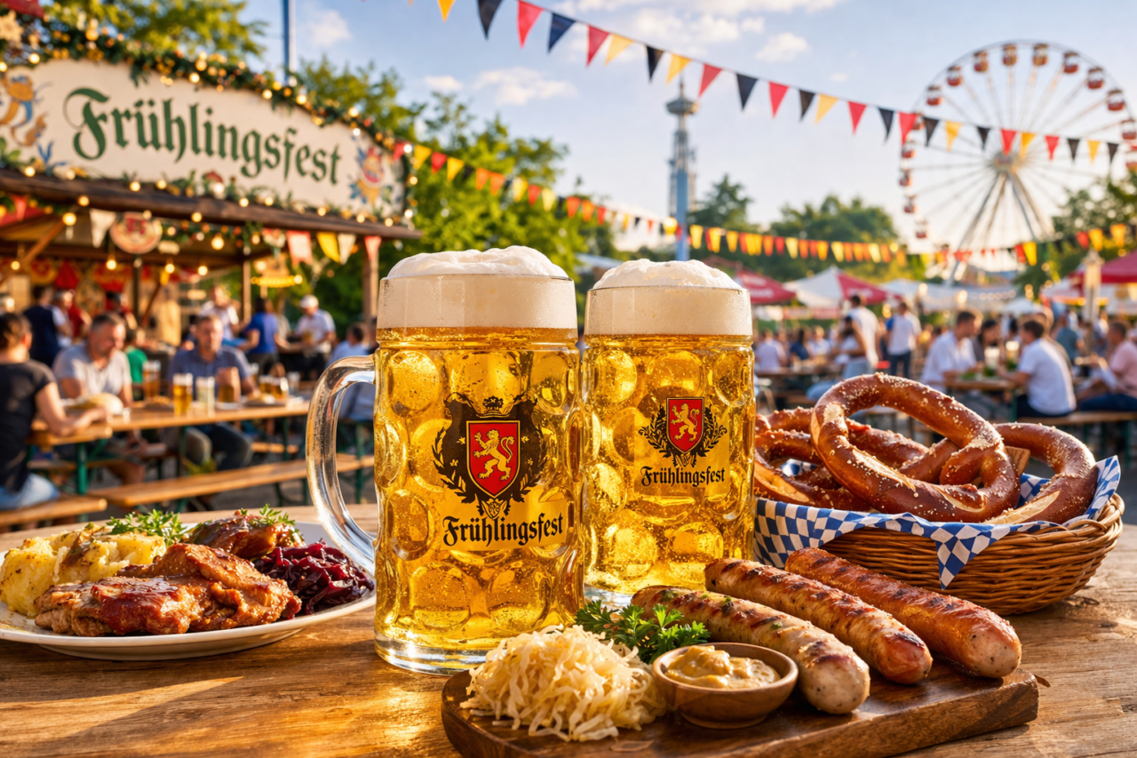 ドイツビールとプレッツェル、ソーセージが並ぶ屋外ビールフェスのイメージ