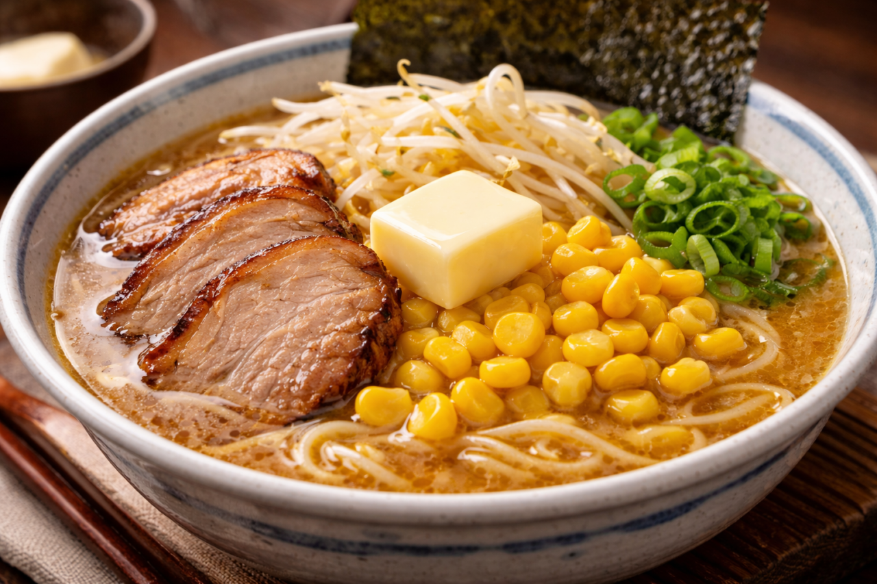 北海道フェアのイメージとして、ラーメンやじゃがバター、海鮮、スイーツなど北海道グルメが並ぶイメージ画像