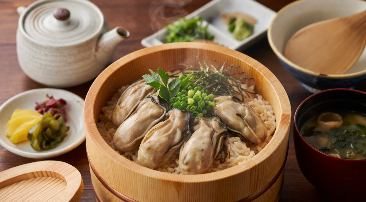 牡蠣がのったおひつごはんの和食メニューイメージ画像