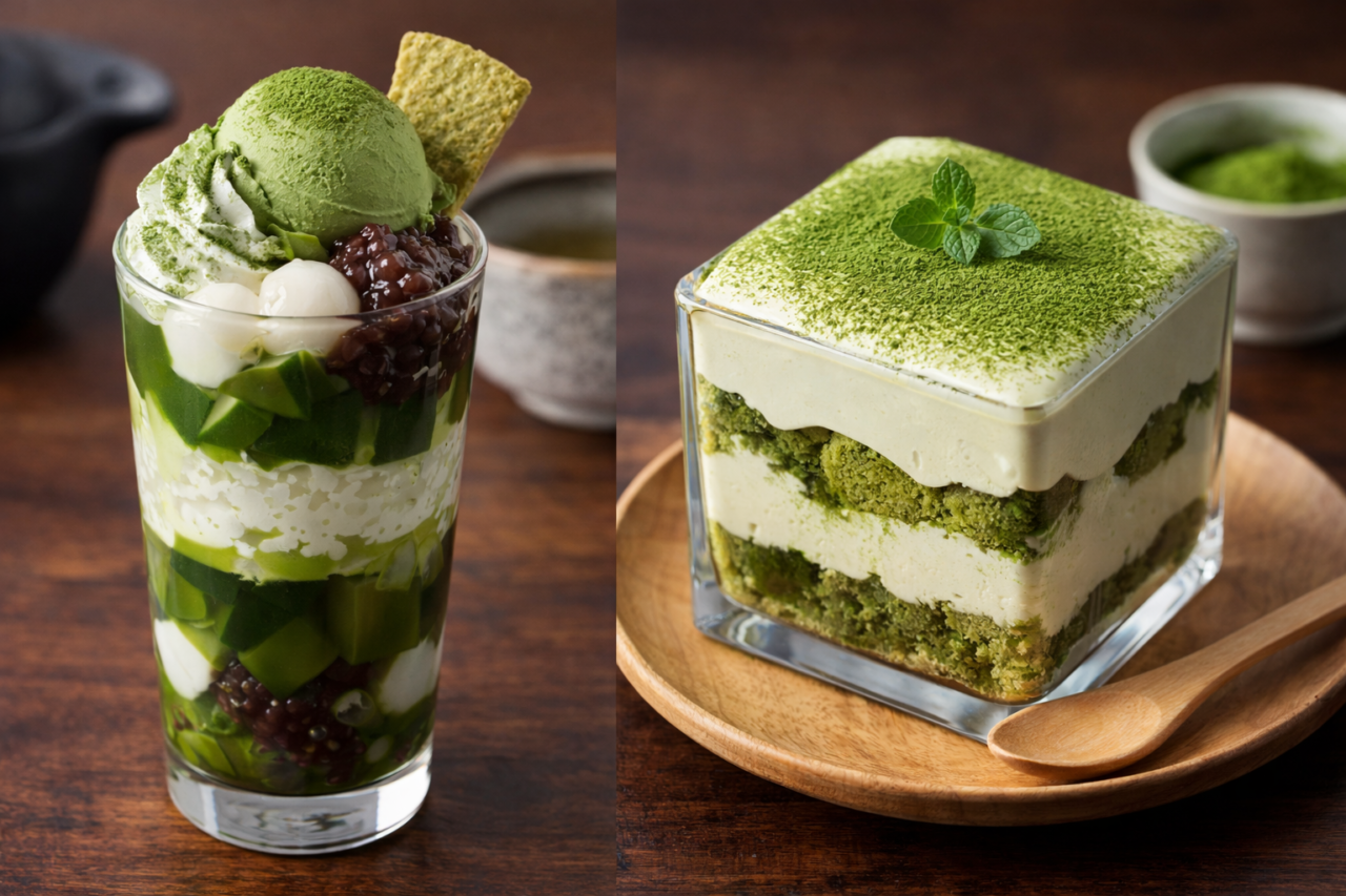 抹茶パフェと抹茶ティラミスが並んだ和スイーツのイメージ画像