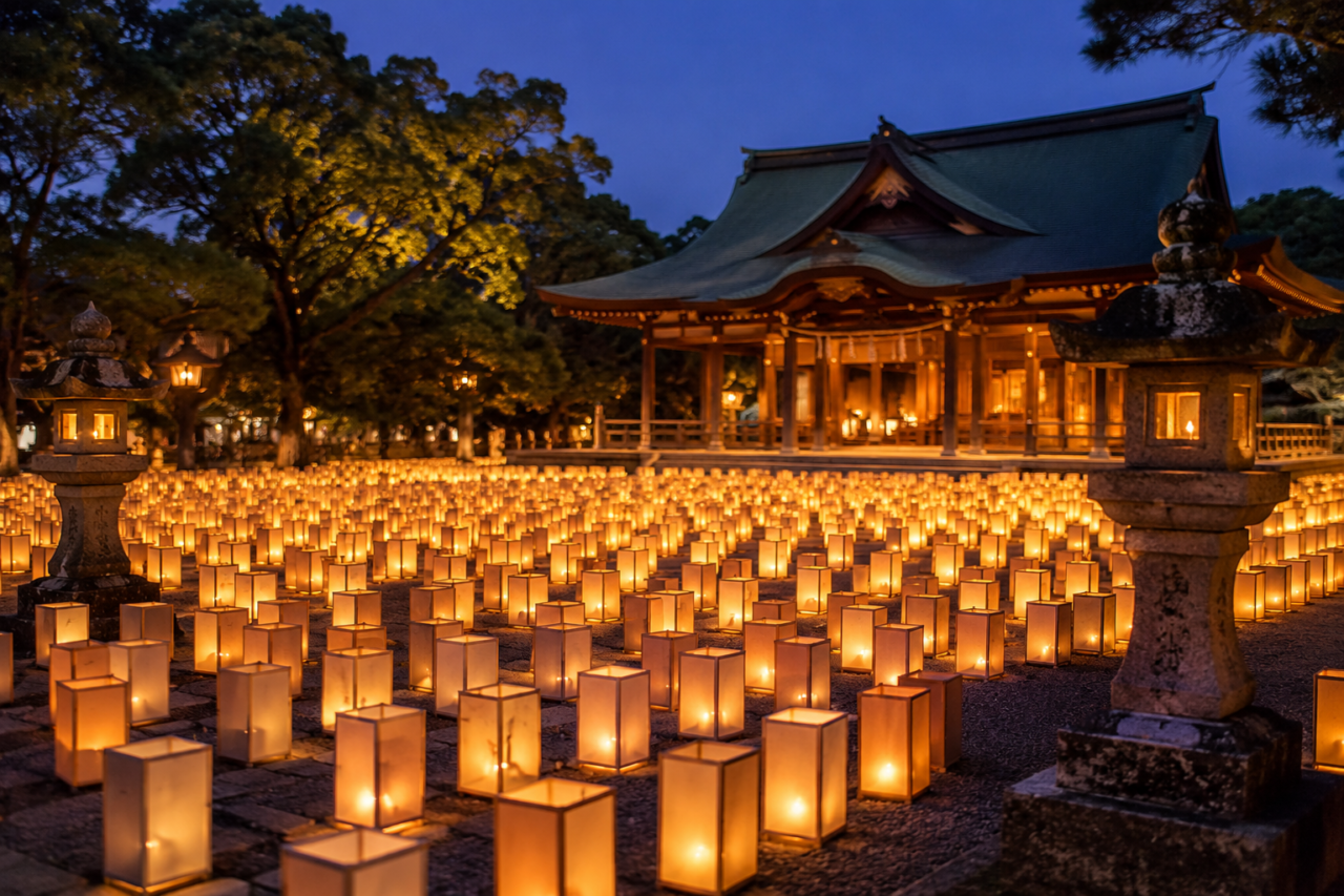 夜の神社境内に無数の灯りが並ぶ万灯みたま祭のイメージ