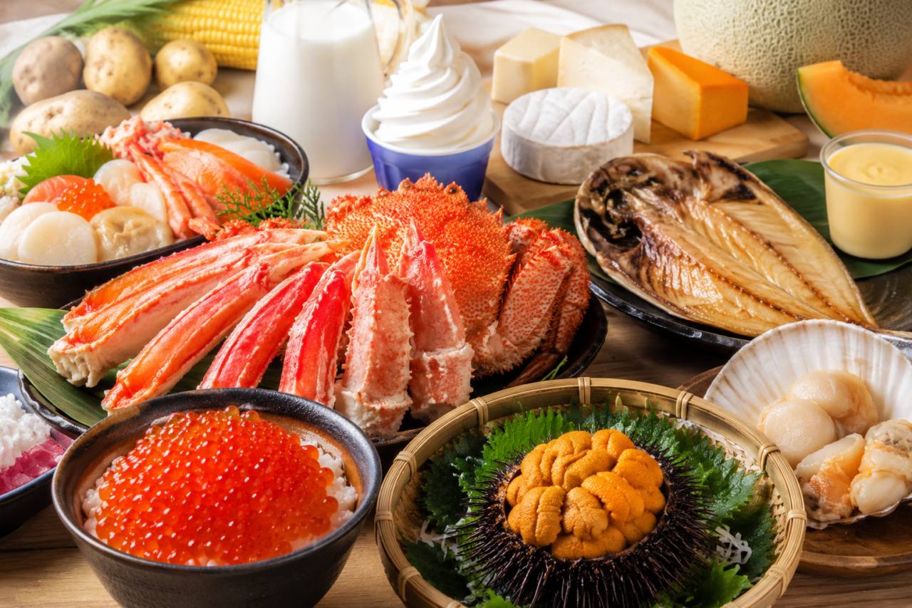 北海道の海鮮丼や焼き魚、乳製品スイーツなどが並ぶ北海道グルメのイメージ画像