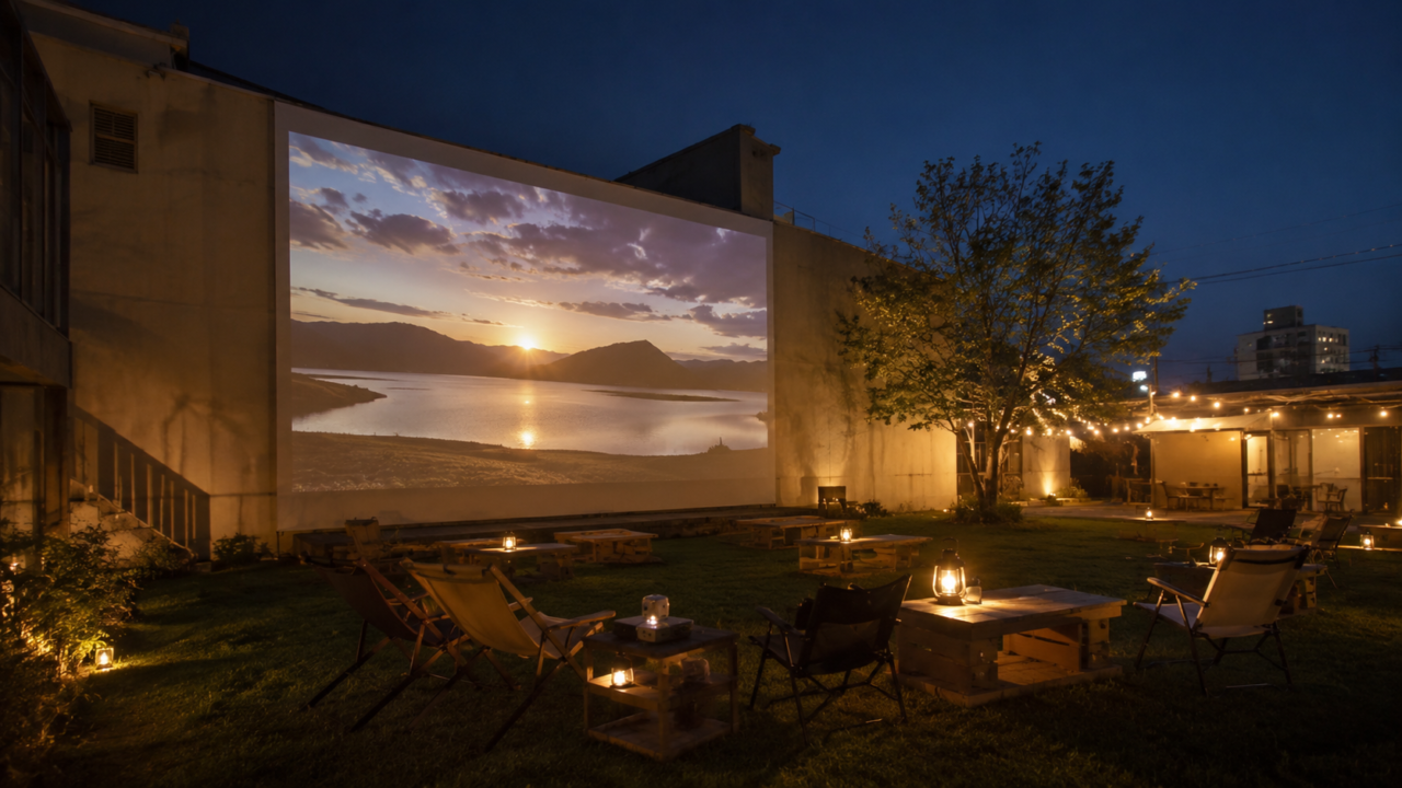 夜の屋外会場で建物の壁面をスクリーンに映画が映し出されているコイ・ソト・シネマのイメージ画像
