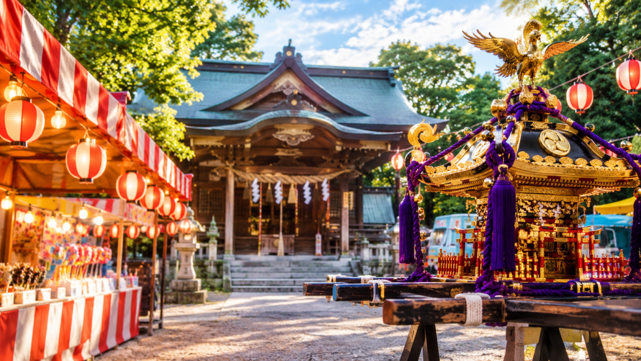 五日市八幡神社の秋祭りをイメージした神社と神輿、夜店の風景