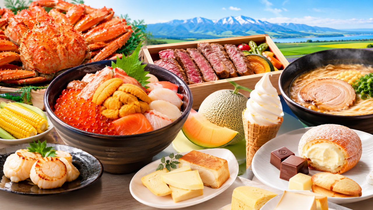 そごう広島店の北海道物産展をイメージした、海鮮丼やカニ、北海道産牛肉、味噌ラーメン、メロン、ソフトクリームなど北海道グルメのイメージ画像